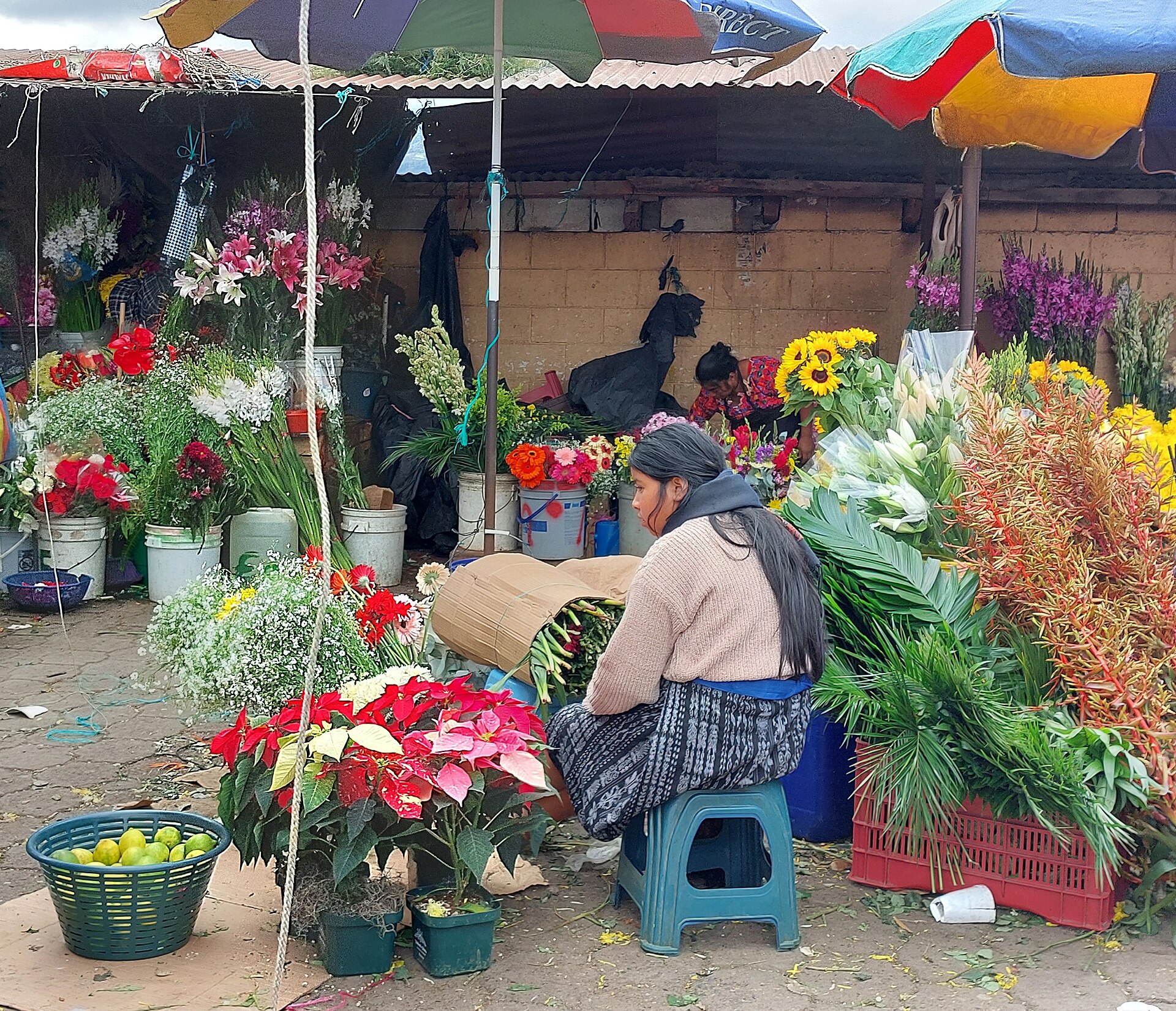 Vendedora de flores y plantas en un mercado de Guatemala