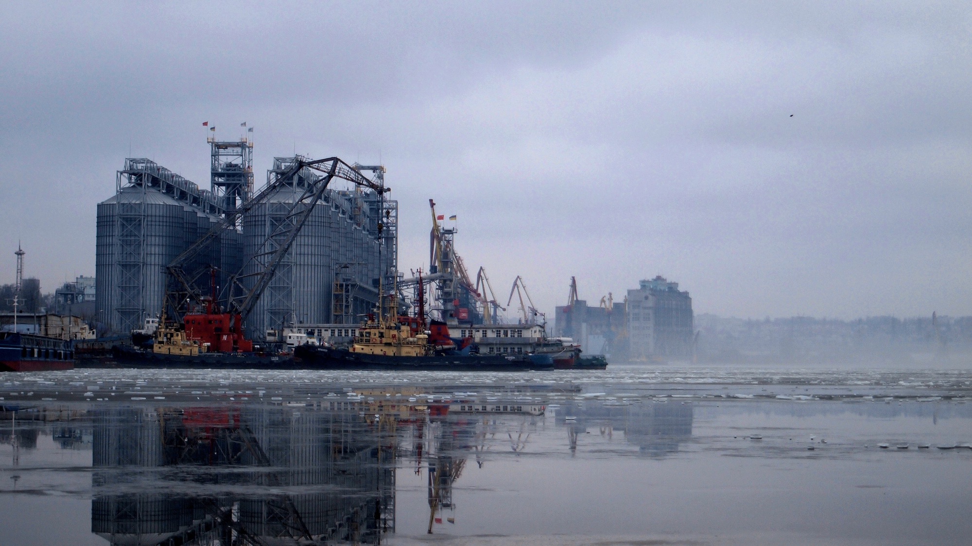 Terminal portuaria de granos con silos, grúas y buques en un día brumoso