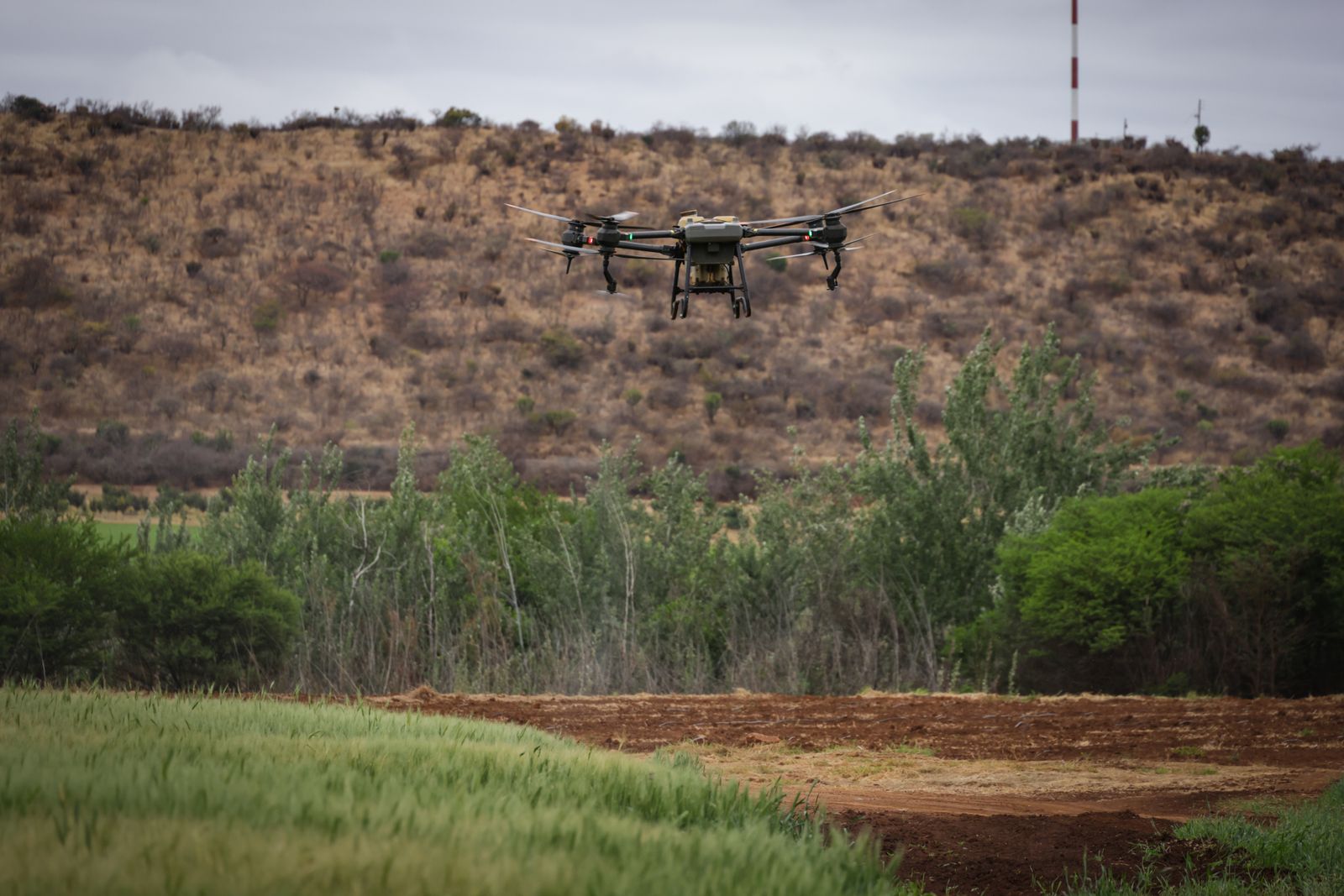 Dron agrícola volando sobre un campo cultivado